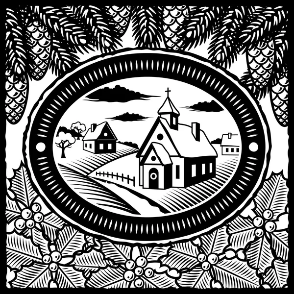 Village d'hiver rétro noir et blanc — Image vectorielle