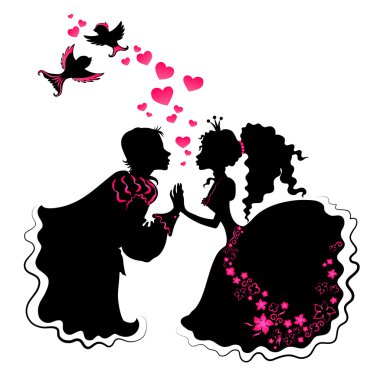 Silhouette of girl and boy with birds clipart