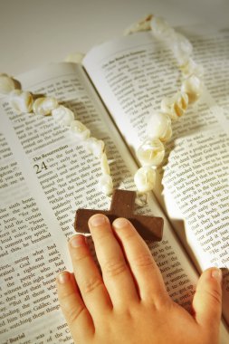 Child hand and cross on the Bible . clipart