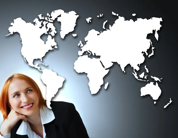 Positive businesswoman and map of the world. — Stock Photo, Image