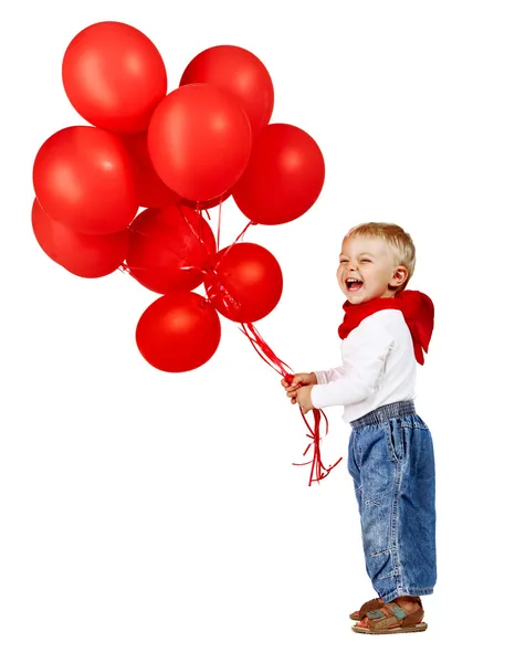 Çocuk kırmızı balonlar ile. — Stok fotoğraf