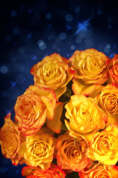 파란색 배경 위에 노란색과 주황색 장미 — 스톡 사진