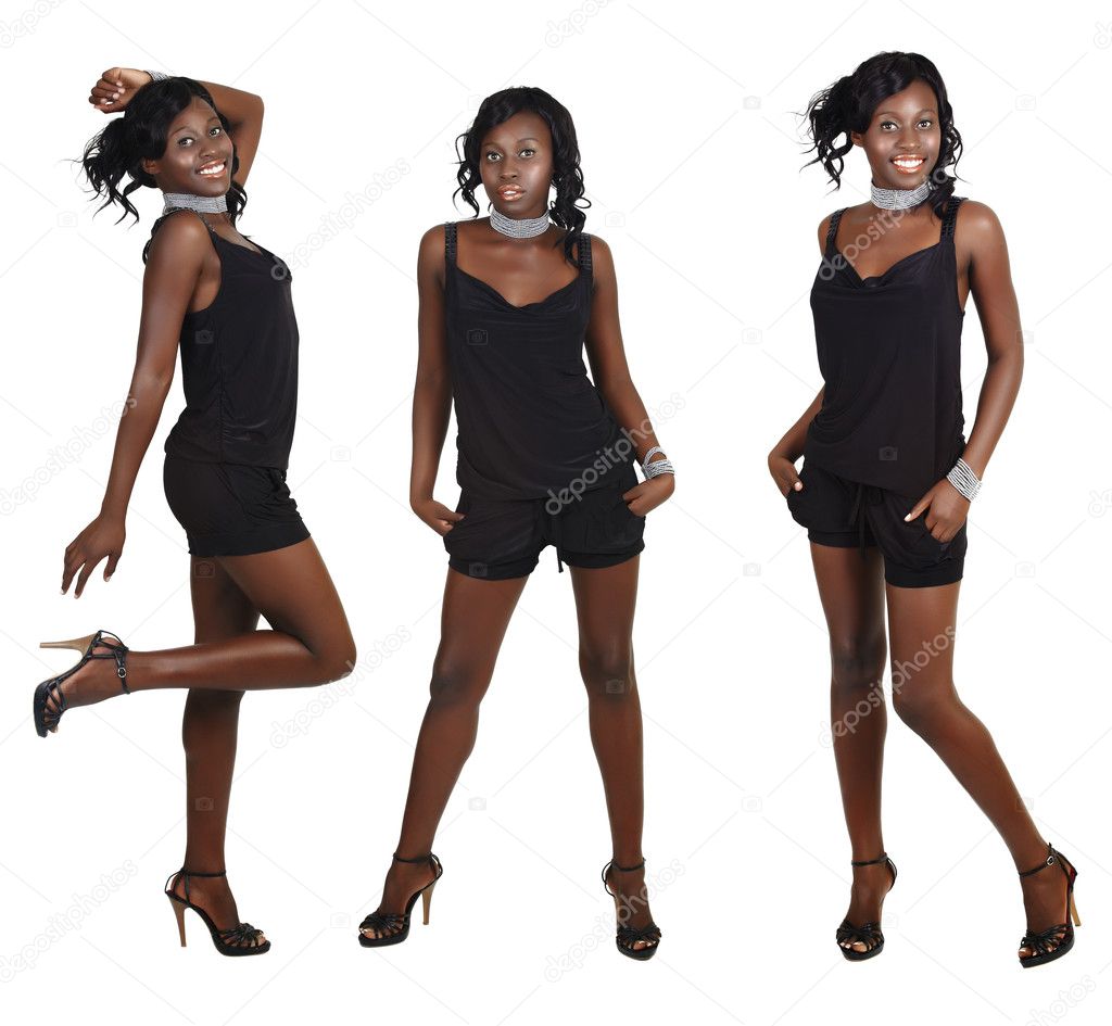 Three poses of African woman with long hair
