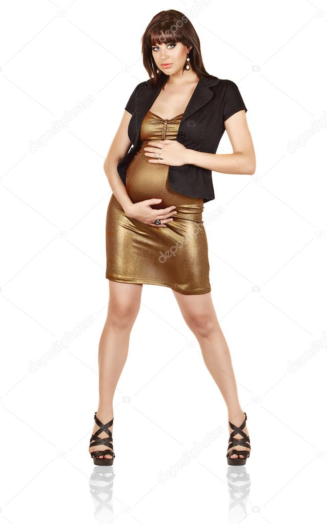Pregnant woman in gold dress