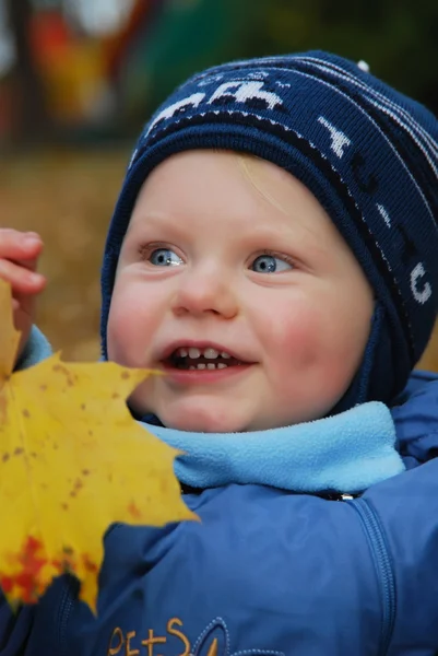 Baby and autumn leaf — Stock Photo, Image