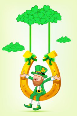 Leprechaun sitting on horse shoe swing clipart