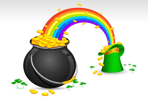 Svatý Patrick klobouk a hrnec plný zlatých mincí — Stockový vektor