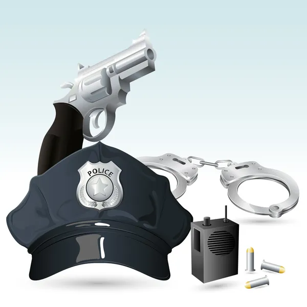 Handcuff with Police Hat and Gun — Stock Vector