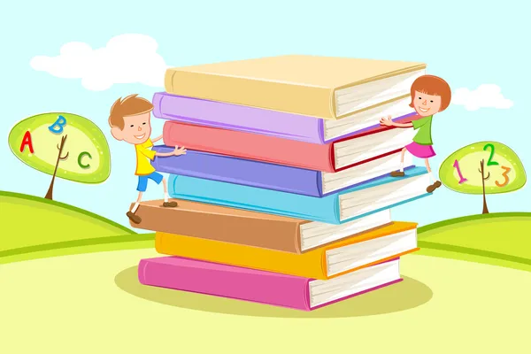 Niños escalando montón de libros — Vector de stock