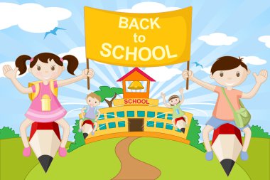 Kids on Pencil going to School clipart