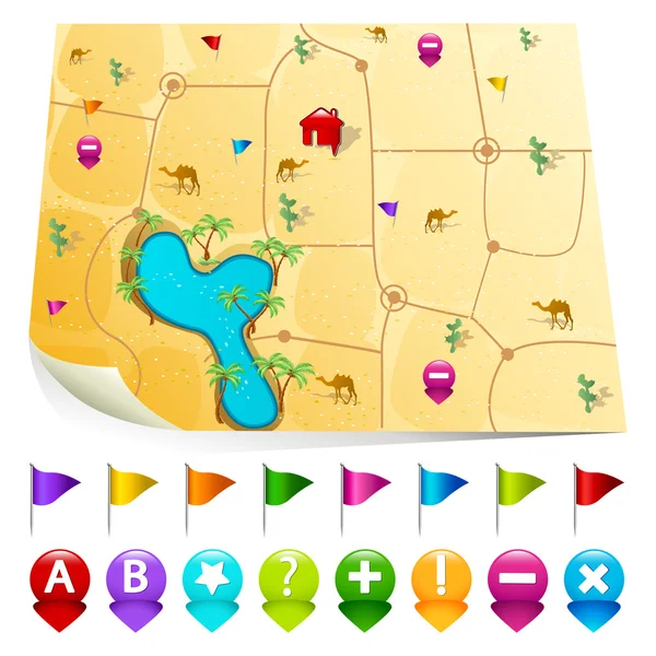Mapa del desierto con iconos GPS — Vector de stock