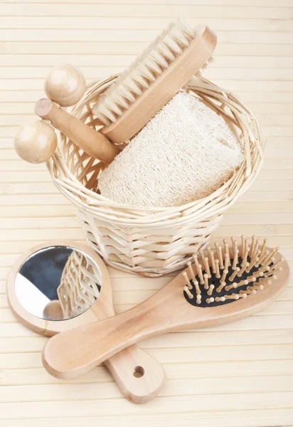 Bath accessories on the bamboo mat — Stock Photo, Image