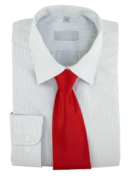 Chemise rayée avec cravate en soie rouge sur un blanc — Photo
