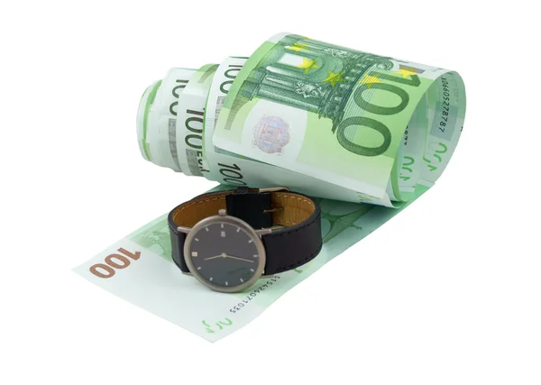 Konceptuální fotografie. toaletní papír vyrobený z euro a hodinky — Stock fotografie