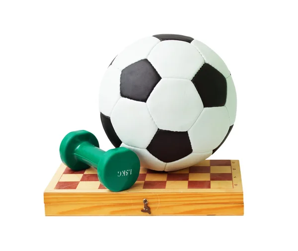 Futbol, satranç tahtası ve halter — Stok fotoğraf