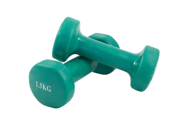 Green dumbbells on a white — Stock Photo, Image