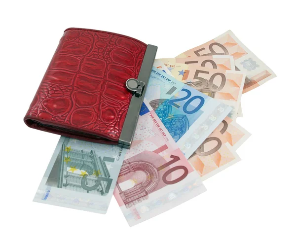 Carteira de couro vermelho e notas de euro — Fotografia de Stock