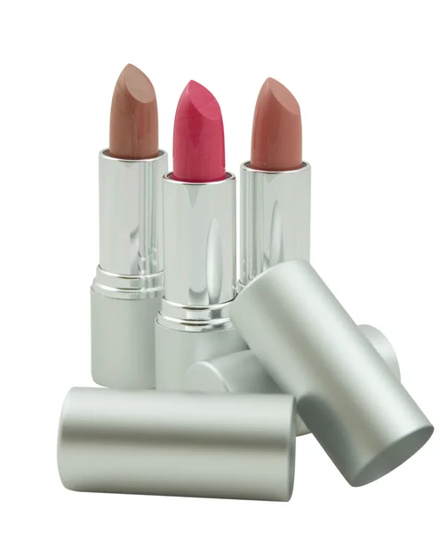 Three open lipsticks in metallic tubes — Stock Photo, Image