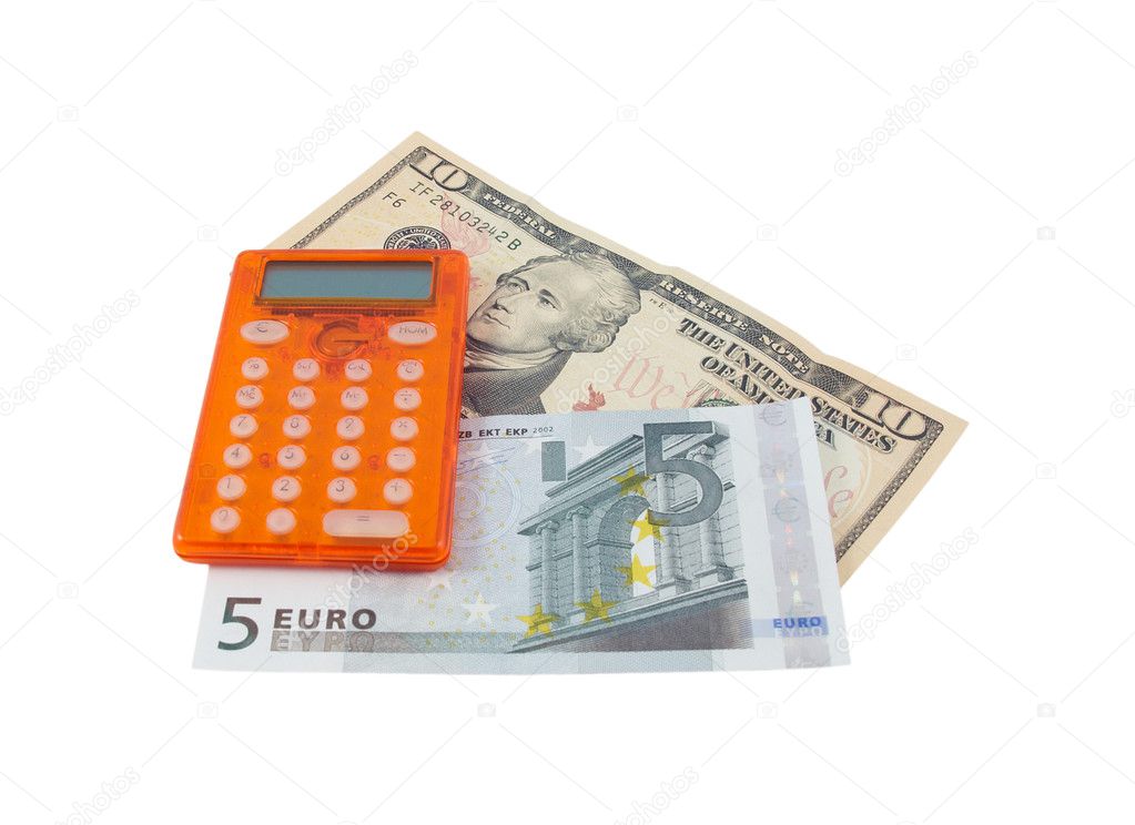 Calculator with 5 euro and 10 dollar banknotes