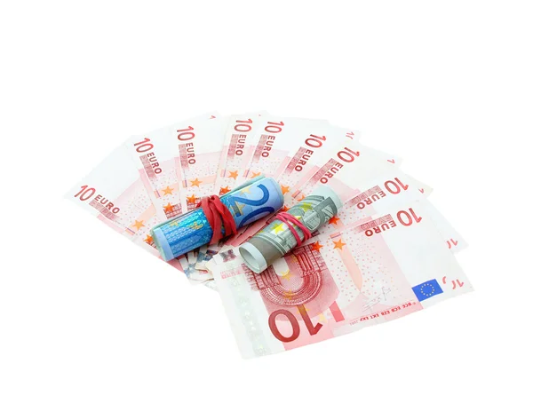 Billetes de 10 euros ventilados con 5 y 20 euros enrollados —  Fotos de Stock