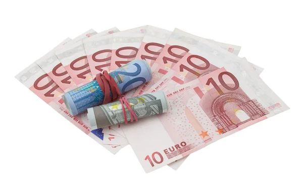10 euro banknotes, 5 and 20 euro banknotes rolled — Stock Photo, Image
