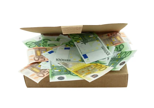 Коробка с банкнотами евро — стоковое фото