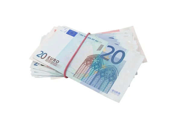 Notas de euro com borracha sobre branco — Fotografia de Stock