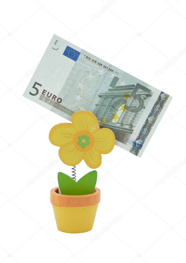 5 euro banknote in a holder in the form of flower pot