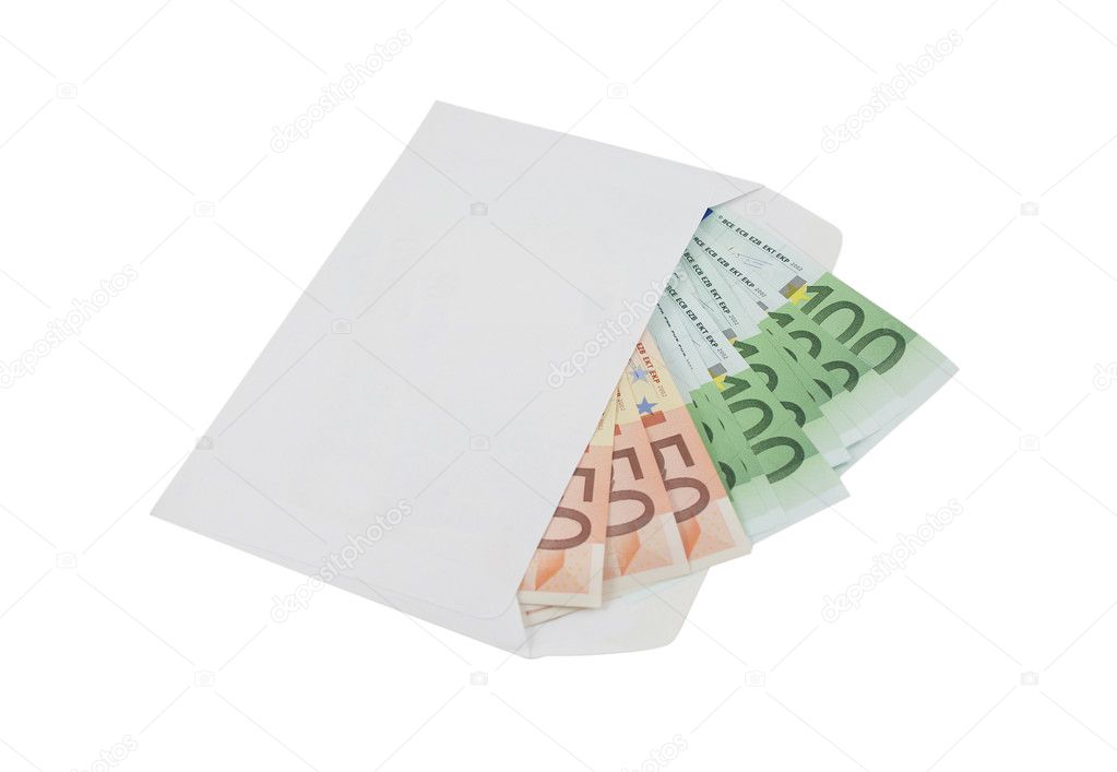 Euro banknotes in an envelope over white