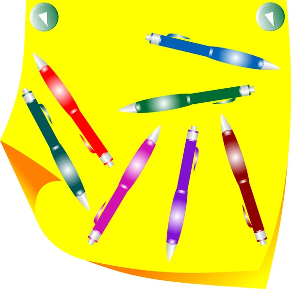 Много цветных ручка и бумага желтая нота — стоковый вектор