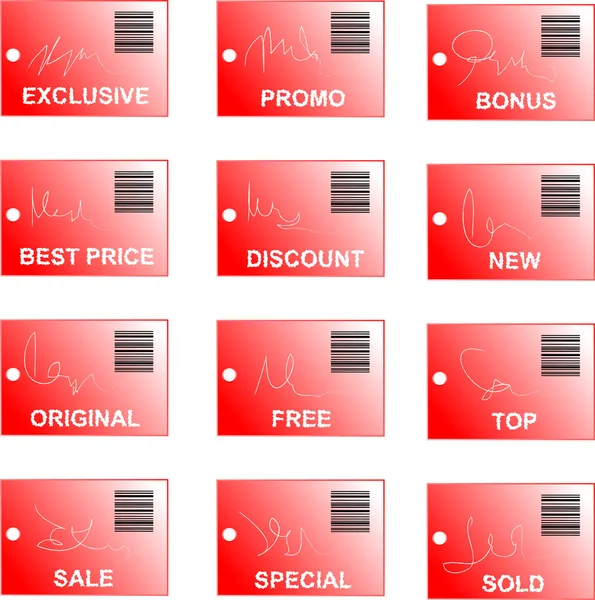 Etiqueta vermelha e conjunto de adesivos com códigos de barras e signo abstrato — Vetor de Stock