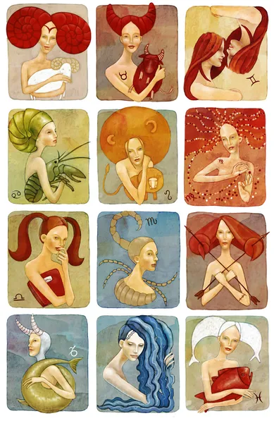 Raster illustrator of woman zodiac signs set — Stock Photo, Image