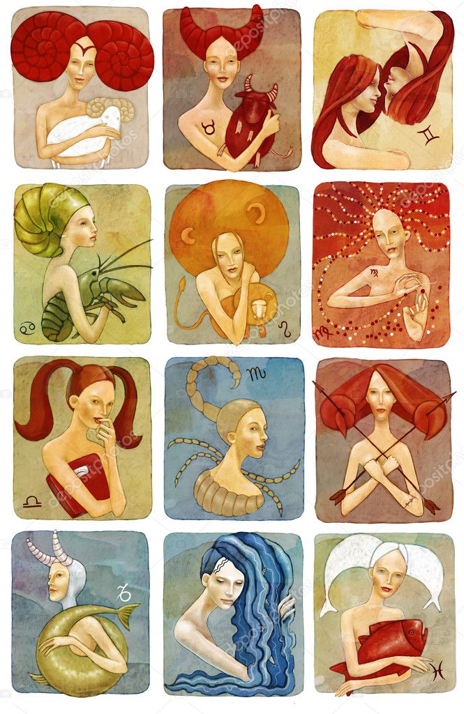 raster illustrator of woman zodiac signs set