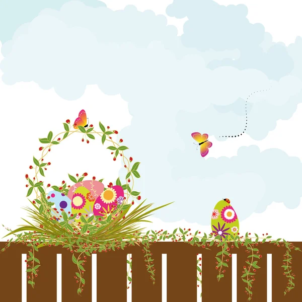 Springtime Easter holiday wallpaper colorful eggs with butterfly — Stock Vector