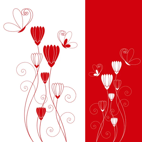 Flor vermelha abstrata com cartão de saudação borboleta — Vetor de Stock