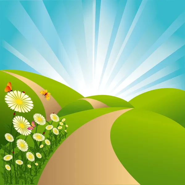 Tavaszi táj zöld mezők kék ég virágok és pillangók — Stock Vector