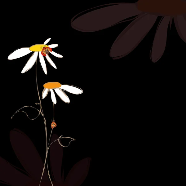 Siyah arka planda uğur kuşları olan bahar çiçekleri — Stok Vektör