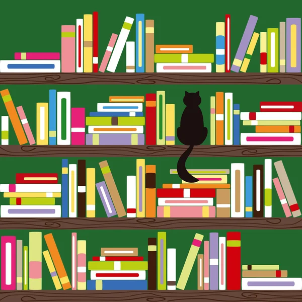 Gato abstracto con libros coloridos en estantería — Vector de stock