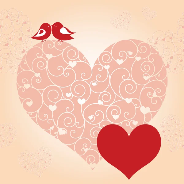 Abstract rode valentine dwergpapegaaien roze hart wenskaart — Stockvector