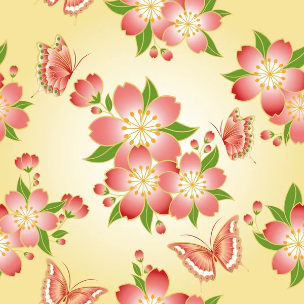Oriental motif sans couture fleur de cerisier avec papillon — Image vectorielle