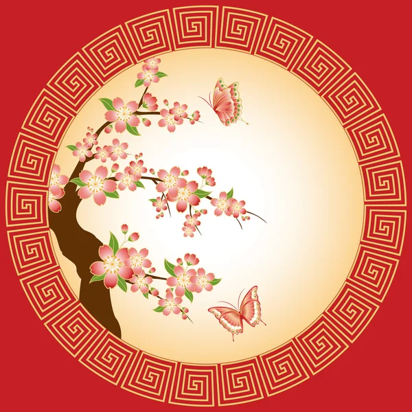 Flor de cereja oriental com papel de parede borboleta —  Vetores de Stock