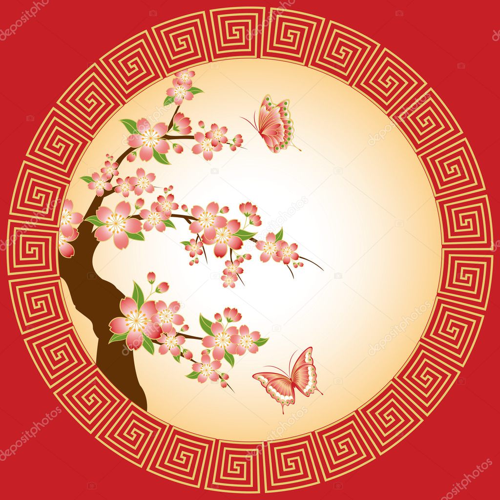 Oriental cherry blossom with butterfly wallpaper