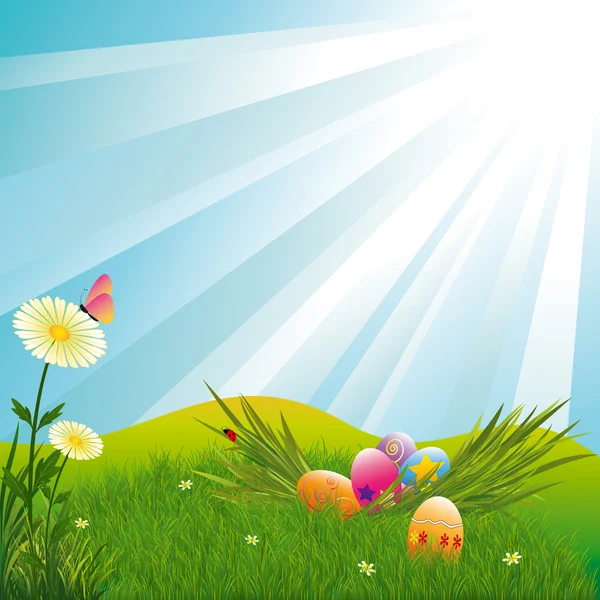 Easter holiday colorful easter eggs blue light burst background — Stock Vector