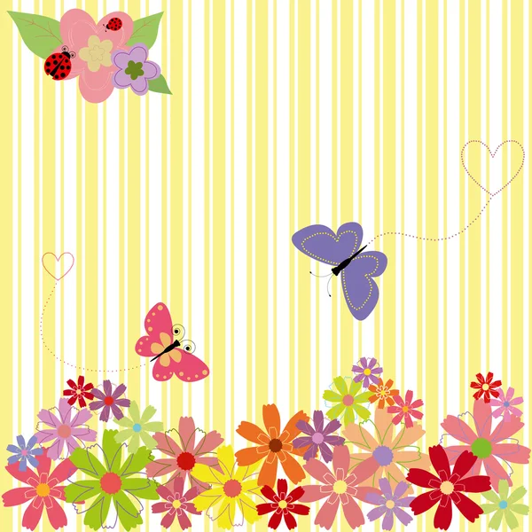Весняні квіти та метелики на жовтому фоні смуги — стоковий вектор