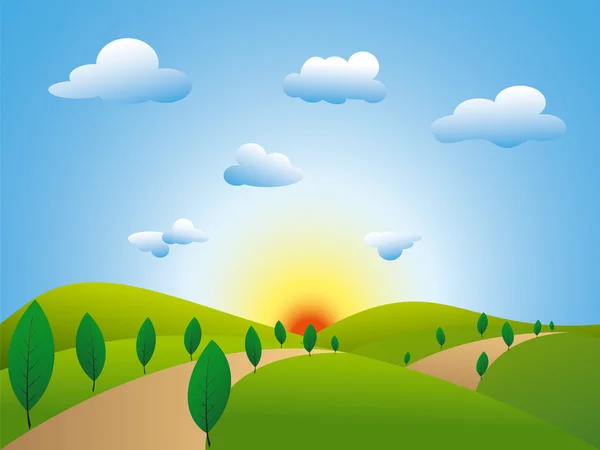 Wiosenny krajobraz zielonego pola drzewa z błękitnego nieba — Wektor stockowy