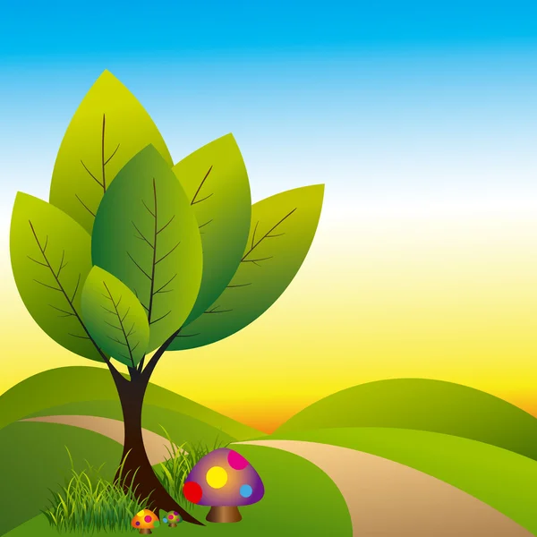 Tavaszi wonderland fa és a színes gomba — Stock Vector