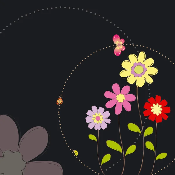 Fleurs colorées printanières avec carte de voeux papillon — Image vectorielle