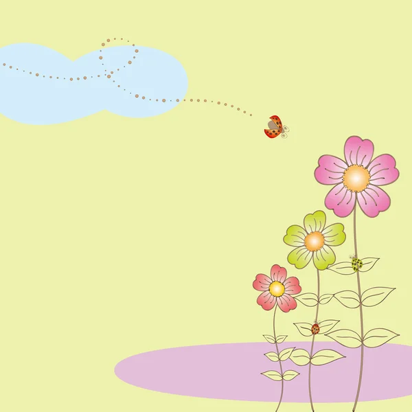 Cartão postal da flora da primavera com joaninha —  Vetores de Stock