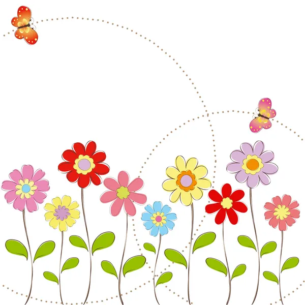 Primavera fiori colorati con biglietto di auguri farfalla — Vettoriale Stock