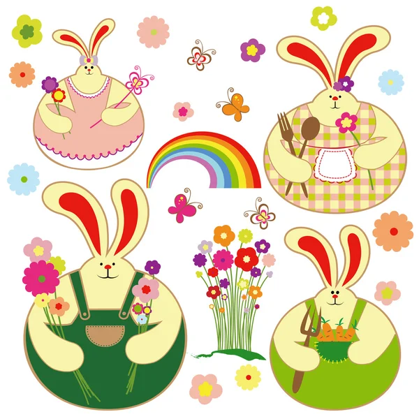 Set von bunten Kaninchen und Frühlingsblumen — Stockvektor